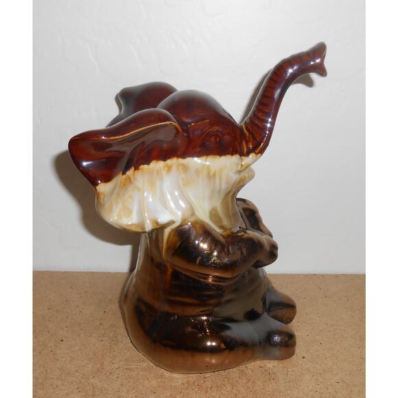 Elephant Ceramic Brown Elephant Sitting With Trunk Up - Picture 8 of 12